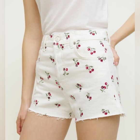 Reformation Pants - Reformation Cherries Embroidered High Rise Jean Shorts Size 25